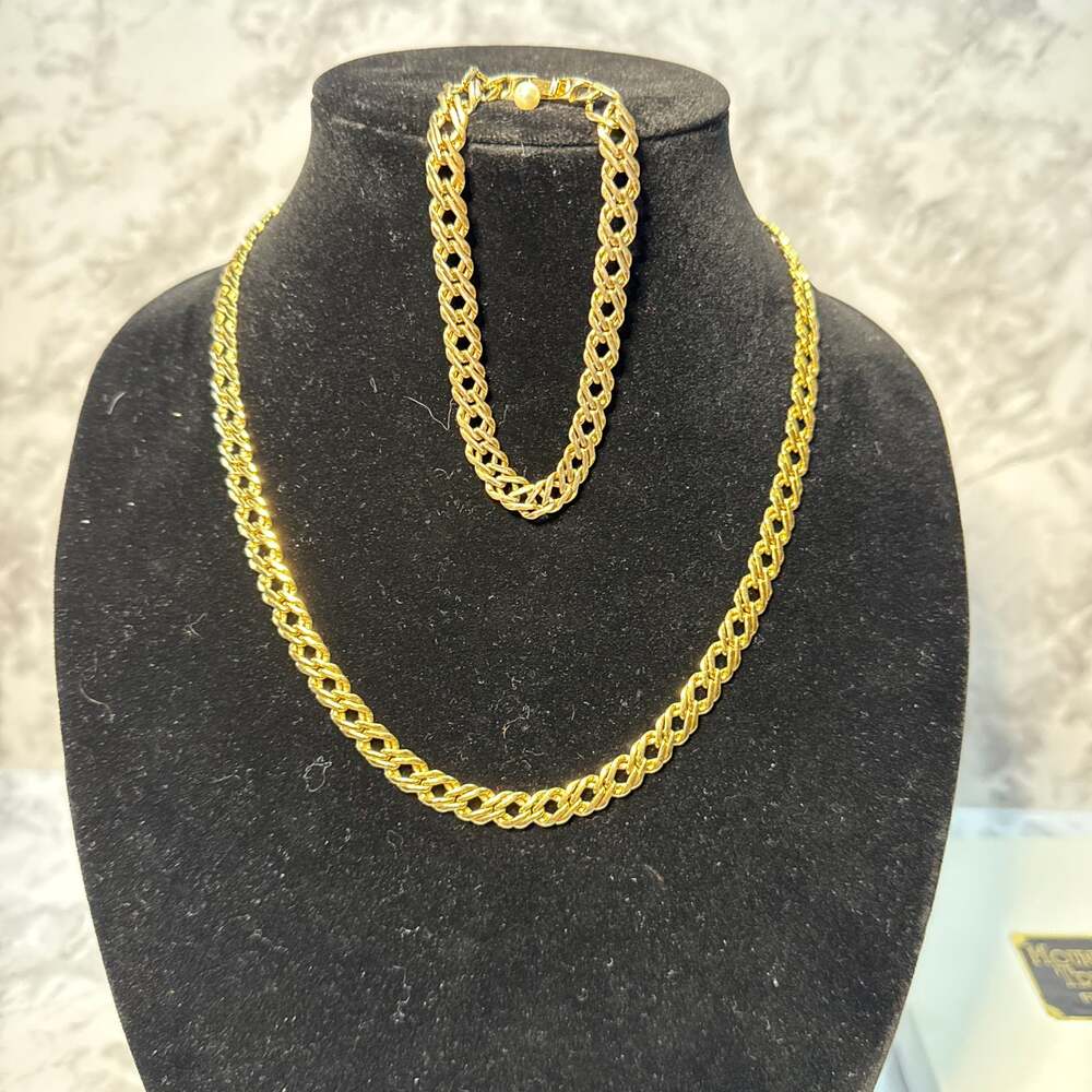 Vintage Monet Gold Tone Braided Double Link Chain Necklace and Bracelet Set